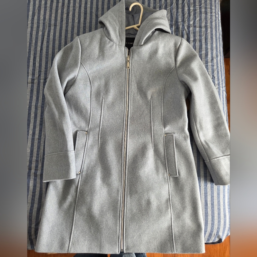 Vince Camuto Light Gray Hooded Wool-Blend Trench Coat